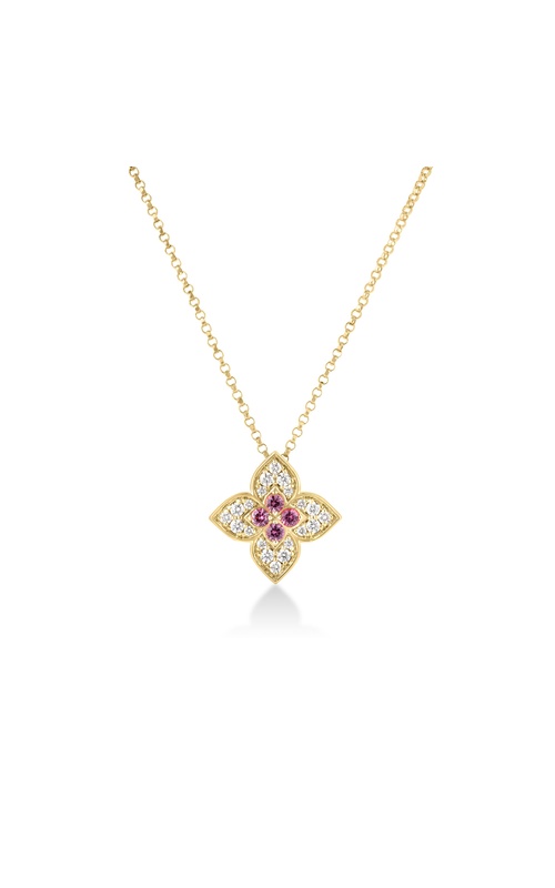 Roberto Coin Yellow 18 Karat Venetian Princess Carnival Diamond & Rubellite Medium Flower Necklace With 0.18Tw Round G/H Si Diamonds And = 0.10Tw Round Rubellites