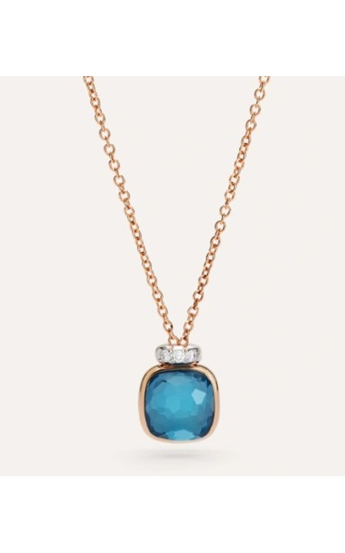 Pomellato Rose 18 Karat Nudo Mini Pendants Length 18 Square Cushion Blue Topaz And 3=0.02Tw Round G/H Vvs-Vs Diamonds