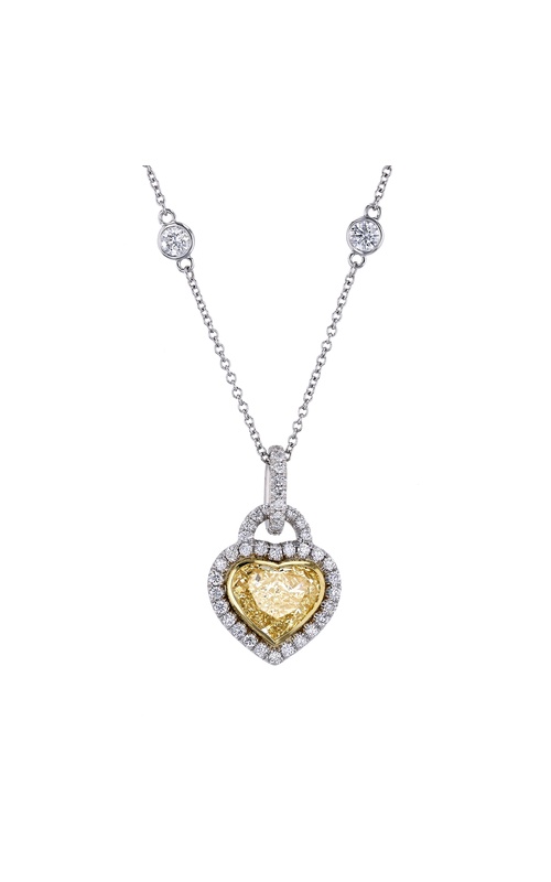 White/Yellow 18 Karat Pendant Length 16 With One = 2.01Ct Heart Fancy Yellow Si2 Diamond, 51 = 0.34Tw Round Diamonds And 0.65 Twt Other Stones