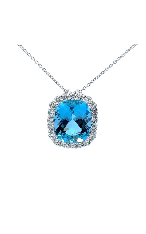 White 18 Karat Pendant Length 18 With One 12.52Ct Cushion Aqua And 20=1.70Tw Round G Vs2 Diamonds