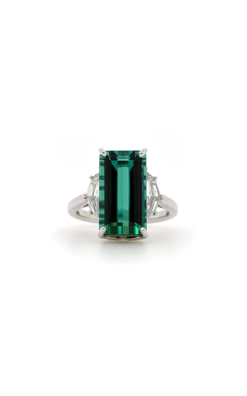 White 18 Karat Three Stone Ring Size 6.5 With One 7.32Ct Rectangular Green Tourmaline And 2=1.05Tw Cadillac F Si Diamonds
