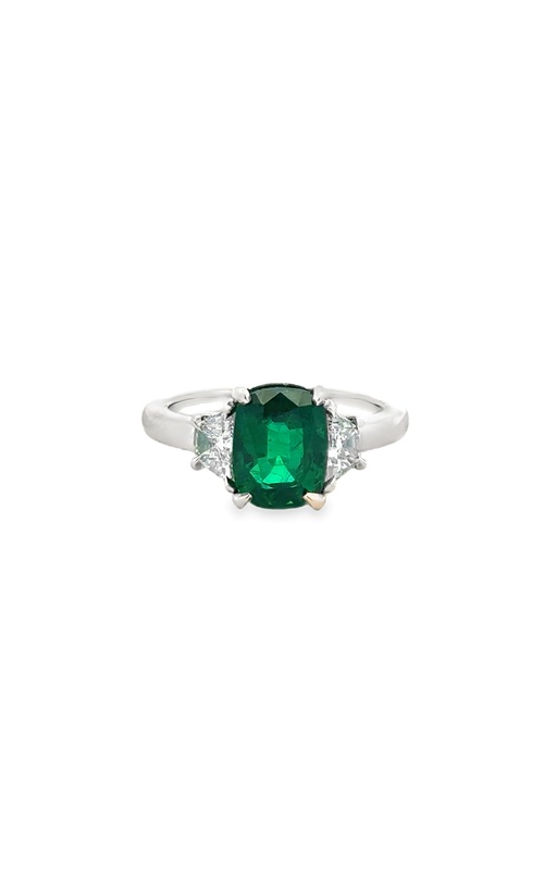 White 18 Karat Three Stone Ring Size 6.5 With One = 2.26Ct Cushion Emerald And 2 = 0.50Tw Brilliant Trapezoid F Si1 Diamonds