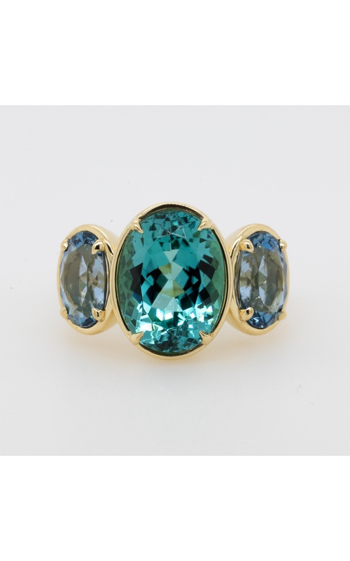 Yellow 18 Karat 3 Stone Ring Size 6.5 With One = 4.60Ct Oval Tourmaline And 2 = 2.32Tw Oval Aquamarines