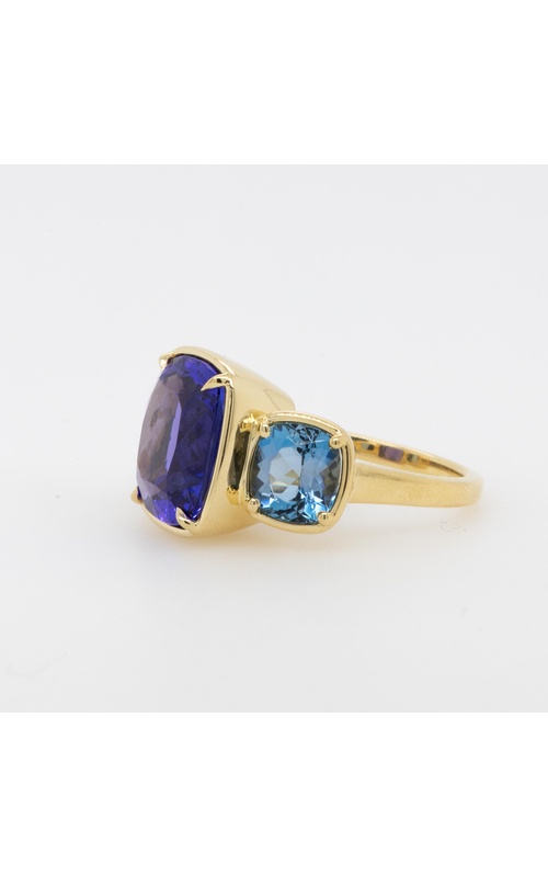 Yellow 18 Karat 3 Stone Ring Size 6.5 With One = 6.73Ct Cushion Tanzanite And 2 = 2.49Tw Cushion Aquamarines