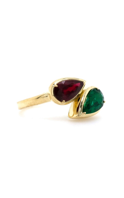 Yellow 18 Karat Bezel Bypass Ring Size 6.5 With One = 1.35Ct Pear Emerald And One = 1.34Ct Pear Ruby