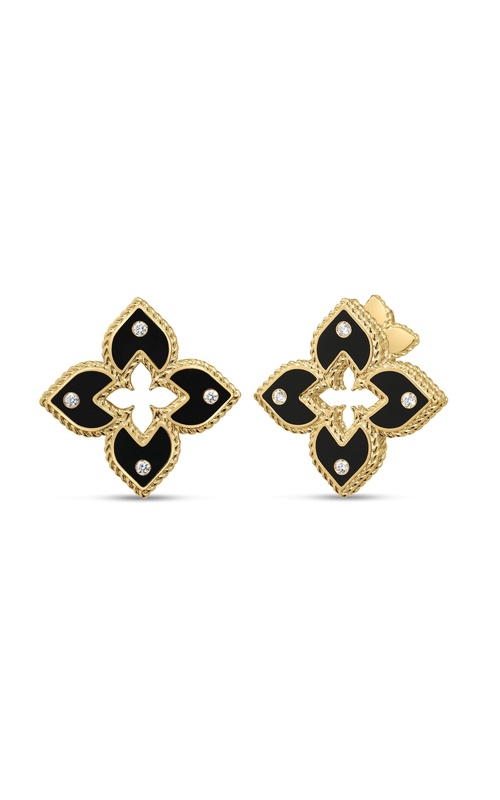 Roberto Coin 18K Yellow Gold Venetian Princess Diamond and Black Enamel Flower Stud Earrings with 8=0.04Ctw GH SI Diamonds