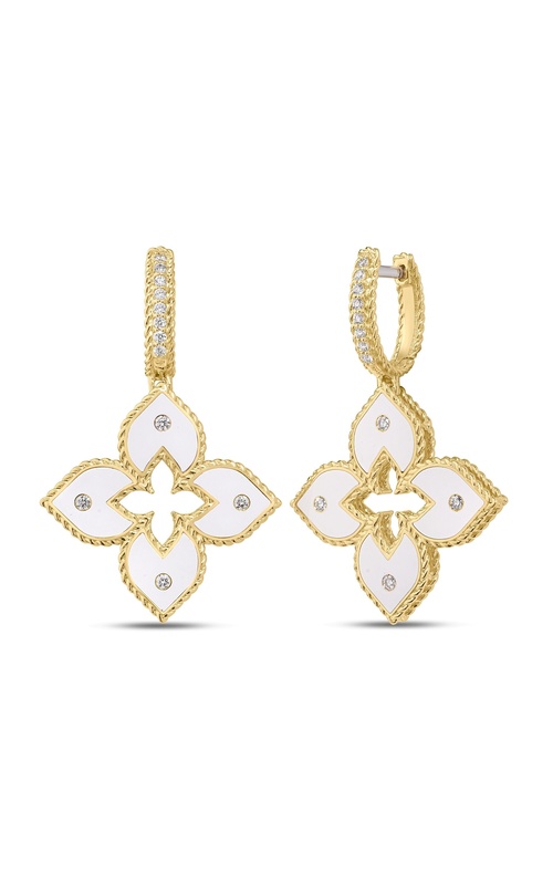 Roberto Coin 18K Yellow Gold Venetian Princess Pave Diamond and White Enamel FLower Drop Earrings with 0.20Ctw GH SI Diamonds