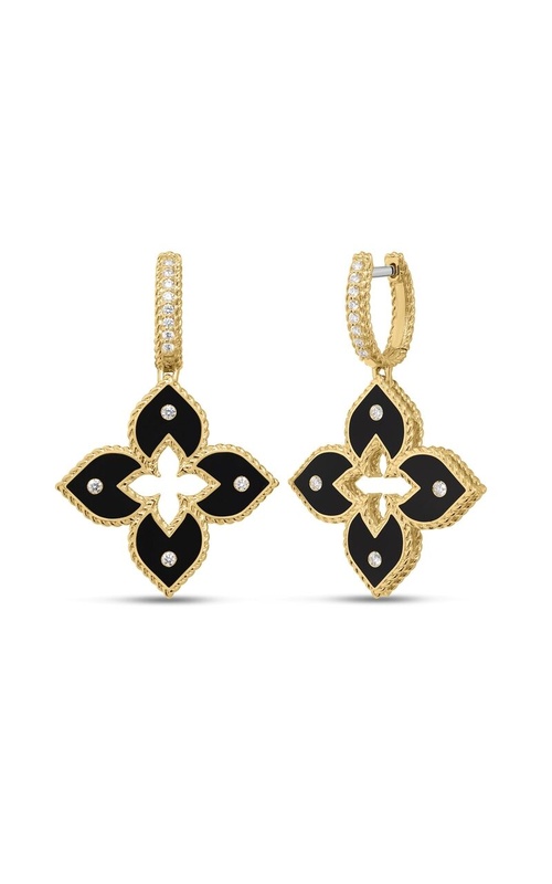 Roberto Coin 18K Yellow Gold Venetian Princess Pave Diamond and Black Enamel Flower Drop Earrings with 0.19Ctw GH SI Diamonds