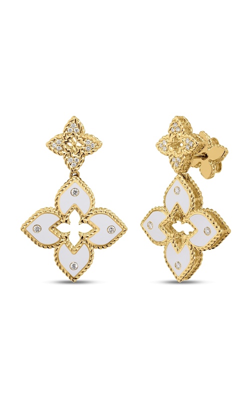 ROBERTO COIN 18K YELLOW GOLD VENETIAN PRINCESS PAVE DIAMOND AND WHITE ENAMEL FLOWER DANGLE EARRINGS