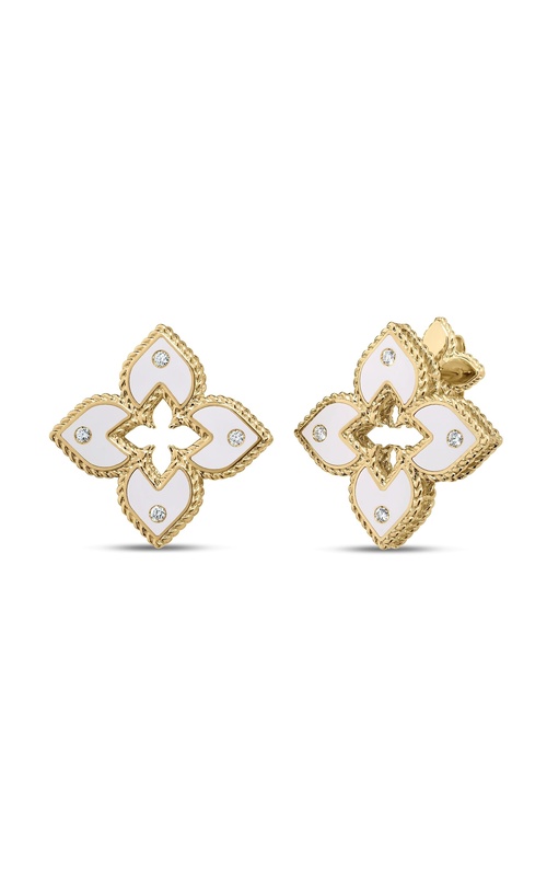 ROBERTO COIN 18K YELLOW GOLD VENETIAN PRINCESS DIAMOND AND WHITE ENAMEL FLOWER STUD EARRINGS WITH 8=0.04CTW G/H SI ROUND DIAMONDS