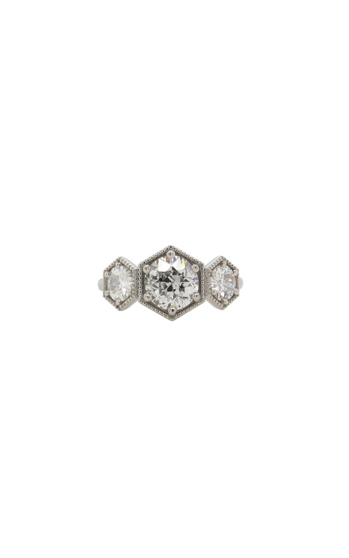 Platinum 3 stone engagement ring with milgrain detail with one 1.60ct H I1 and 2=0.79ctw H I1 round diamonds size 6.5