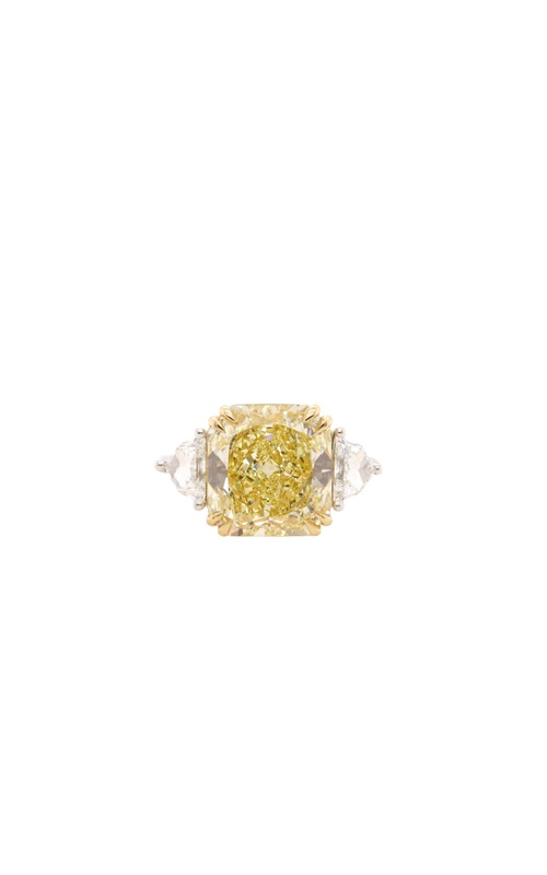 Platinum/18KY modern 3 stone ring with 6.13Ct Radiant FY VS2 GIA 2175733883 and 2=0.71tw Cadillac F SI1 diamonds, size 6.5, 10.66gr