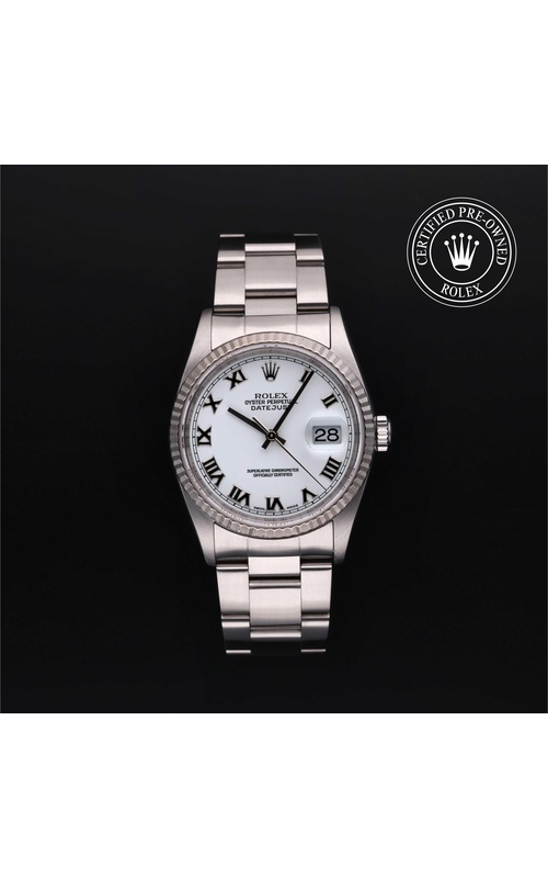 RCPO ROLEX 36MM DATEJUST SS FLUTED BEZEL WHITE ROMAN DIAL OYSTER BRACELET 16234 / Y821285 - NO BOX OR PAPERS CIRCA 2003