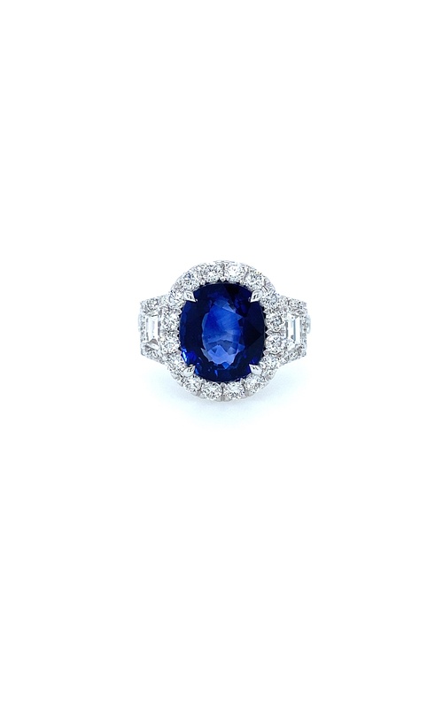 White 18 Karat Fashion Ring With One 5.03Ct Natural Oval Vivid Blue Sapphire from Sri Lanka, 2=0.40Tw Trapezoid G/H Si2 Diamonds And 0.88 Twt Other Stones GRS Report No. GRS2019-080149