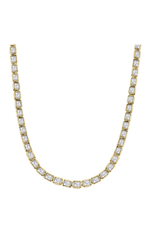 18K YELLOW GOLD DIAMOND BEZEL TENNIS NECKLACE WITH 76=20.10CTW EMERALD DIAMONDS