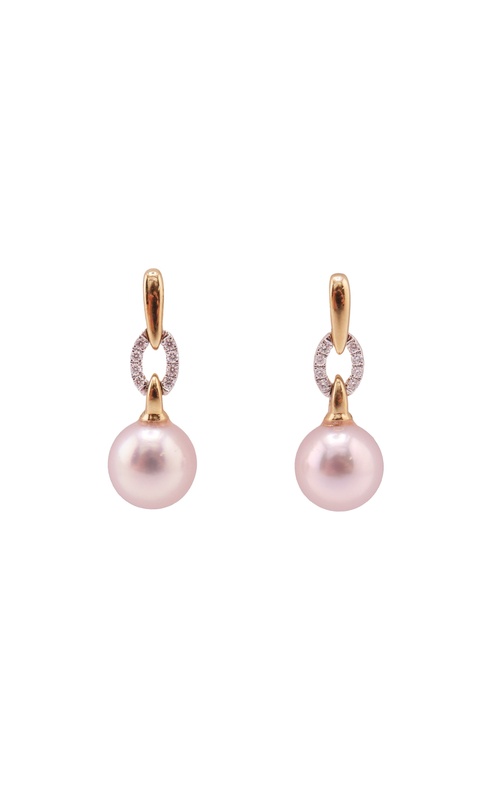18K YELLOW/WHITE GOLD PEARL DROP EARRINGS WITH 2 JAPANESE AKOYA PEARLS AND 16=0.11CTW G/H SI ROUND DIAMONDS