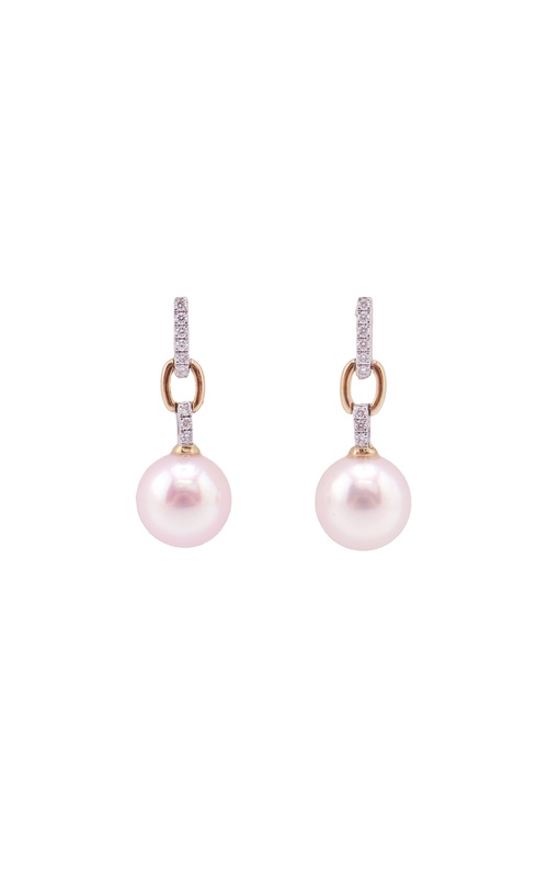 18K YELLOW/WHITE GOLD PEARL DROP EARRINGS WITH 2 JAPANESE AKOYA PEARLS AND 18=0.11CTW G/H SI ROUND DIAMONDS