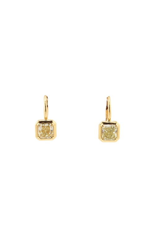 18KY bezel set leverback drop earrings with 2.16tw radiant fancy yellow SI1-SI2 GIA diamonds