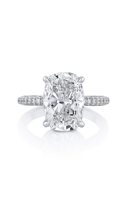 Platinum Diamond engagement ring with one 5.03ct E SI2 Cushion diamond and 146=0.92ctw round diamonds
