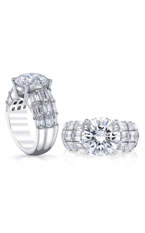Platinum Diamond Engagement ring with One 5.29ct H VS2 Round diamond and 18=3.72ctw Emerald diamonds