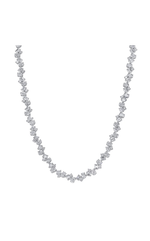 18k White Gold Diamond Necklace with Alternating Emerald, Oval and Round diamonds