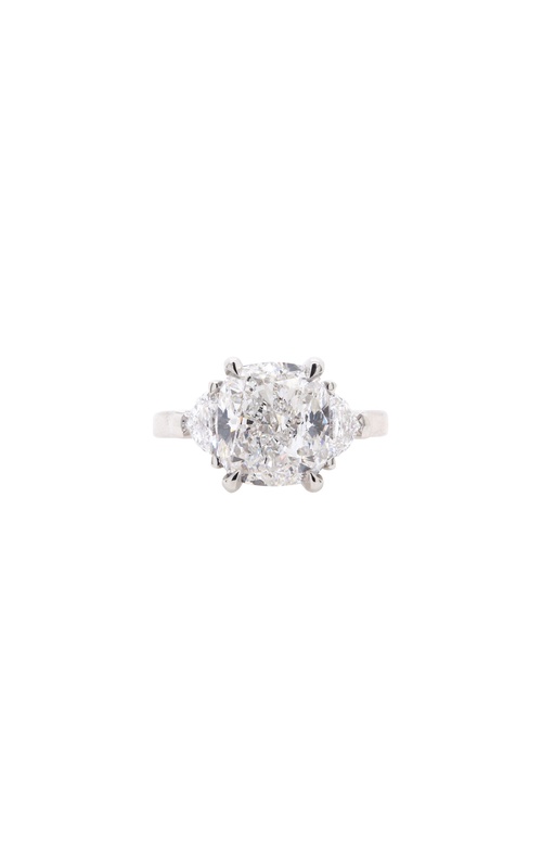 Platinum modern 3 stone ring with 5.26ct cushion diamond F/SI1 GIA #5232915420 and 2=0.56tw F-G/VS cadillac diamonds, 10.15gr