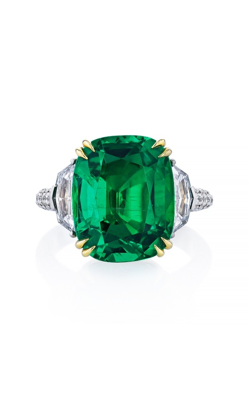 Platinum/18k yellow gold Three Stone Ring with One 8.48ct Cushion Emerald, 2=0.63tw Cadillac diamond and 90=0.81tw round diamonds