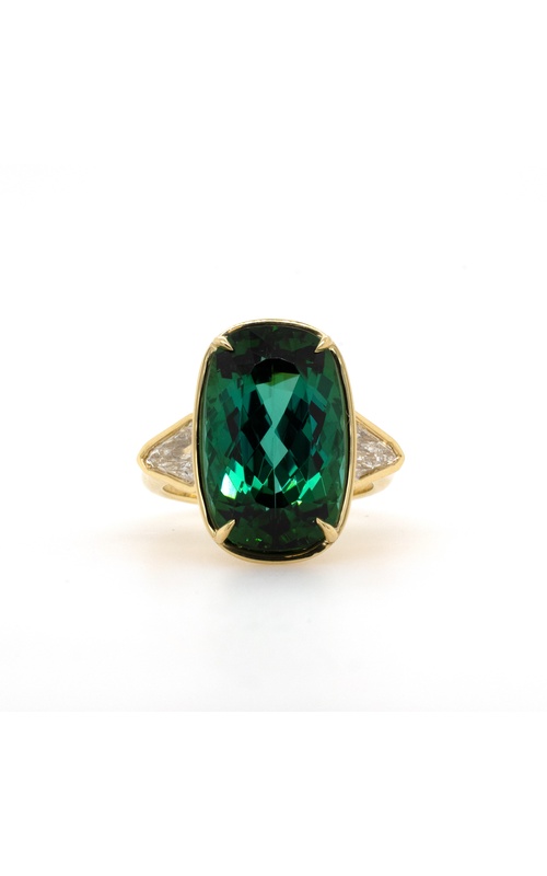 Yellow 18 Karat Three Stone Ring Size 6.5 With One 12.80Ct Cushion Tourmaline And 2=0.84Tw Shield Cut F Si1 Diamonds