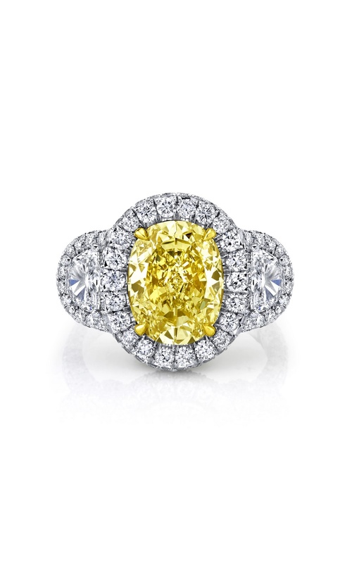 Platinum/18K Yellow Gold Oval Yellow Diamond Ring with Half Moon Side Stones