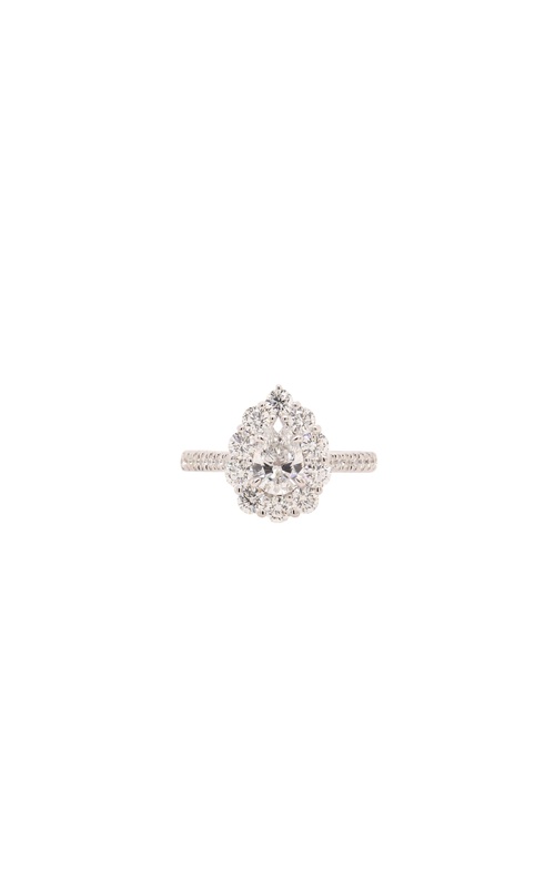 18KW flower top halo engagement ring with 0.59ct pear D/VS2 and 30=1.00tw G/VS round diamonds