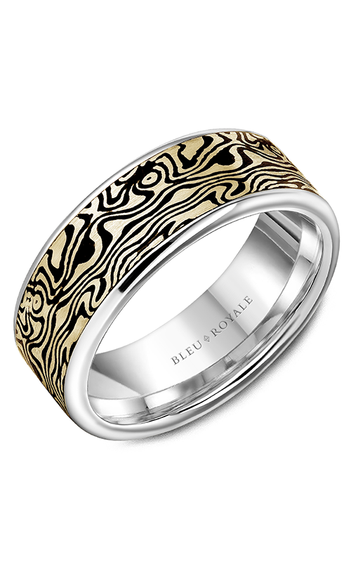 Bleu Royale Distinct  14K White Gold, 14K Yellow Gold, and Carbon Fiber Wedding Band RYL-178YW8