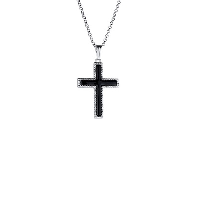 Albert's Sterling Silver Beaded Edge Onyx Cross on 18'' Chain C1141