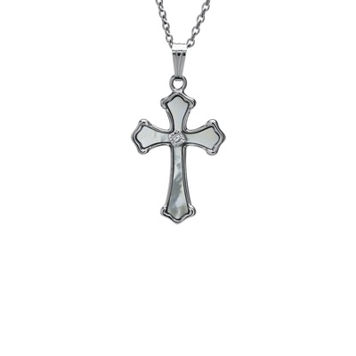 Albert's Sterling Silver Mother of Pearl 14x20mm CZ Cross Necklace