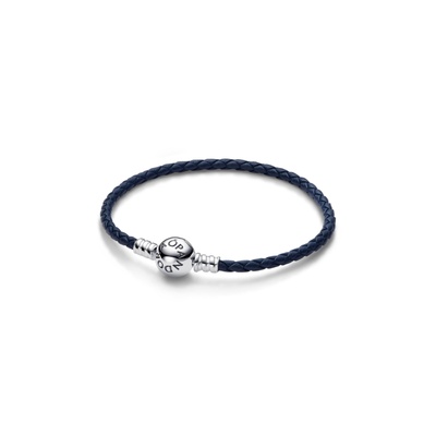 Pandora Moments Round Clasp Blue Braided Leather Bracelet 592790C01-S1