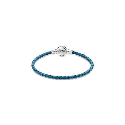 Pandora Moments Seashell Clasp Turquoise Braided Leather Bracelet