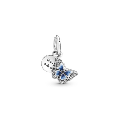 PANDORA 青い蝶 シルバーブレスレット Pandora Blue Butterfly & Quote Double Dangle Charm 790757C01