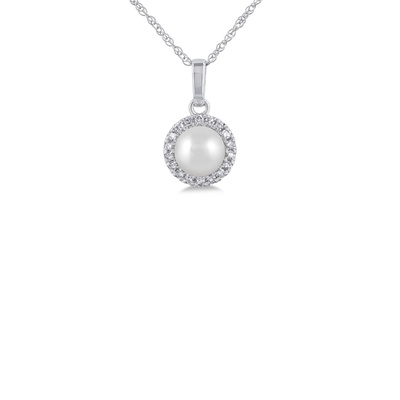 Albert's 10k White Gold 5mm Pearl .07ctw Diamond Halo Pendant