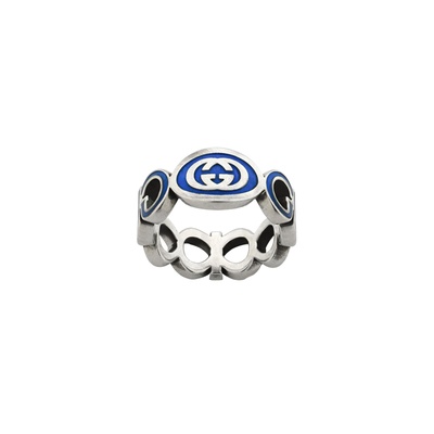 Gucci Interlocking Sterling Silver and Blue Enamel 9mm Ring