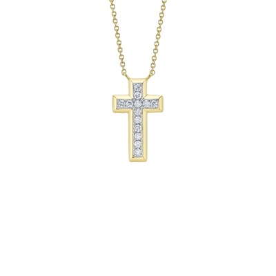 Shy Creation 14k Yellow Gold .17ctw Diamond Cross Necklace with 18