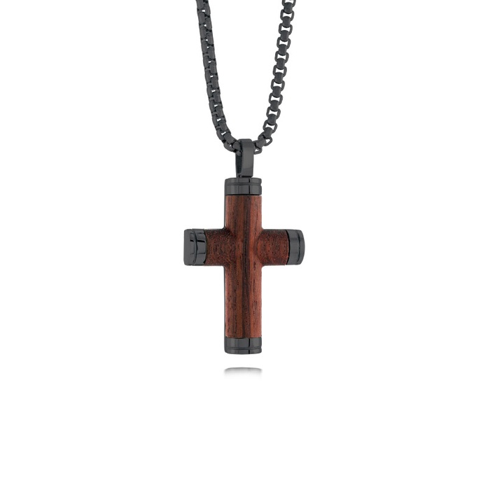 Italgem Stainless Steel 22 Inch Black Box Wood Cross Necklace