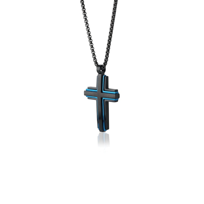 Italgem Stainless Steel Black and Blue Cross Necklace SC97 - Main Image