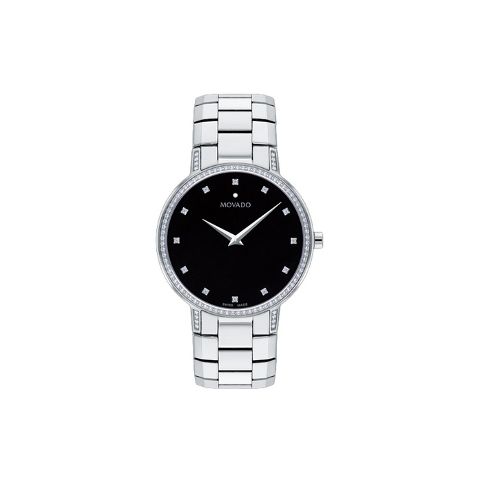 Movado Faceto 39mm Diamond Bezel Black Dial Mens Watch