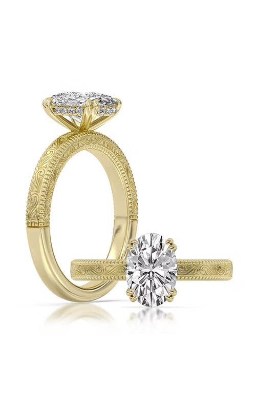 Centurion 18k Yellow Gold 2.11 F VS2 100 Facets Oval Center and .08ctw Round Lab Grown Diamond Engraved Engagement Ring RG071875-OV-H2C-HEYLG14-7
