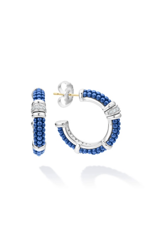 Lagos Sterling Silver Blue Caviar Ceramic Diamond Hoop Earrings 01-81745-CL