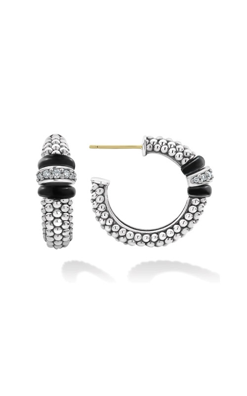 Lagos Sterling Silver Black Caviar Ceramic Diamond Hoop Earrings 01-81922-CB