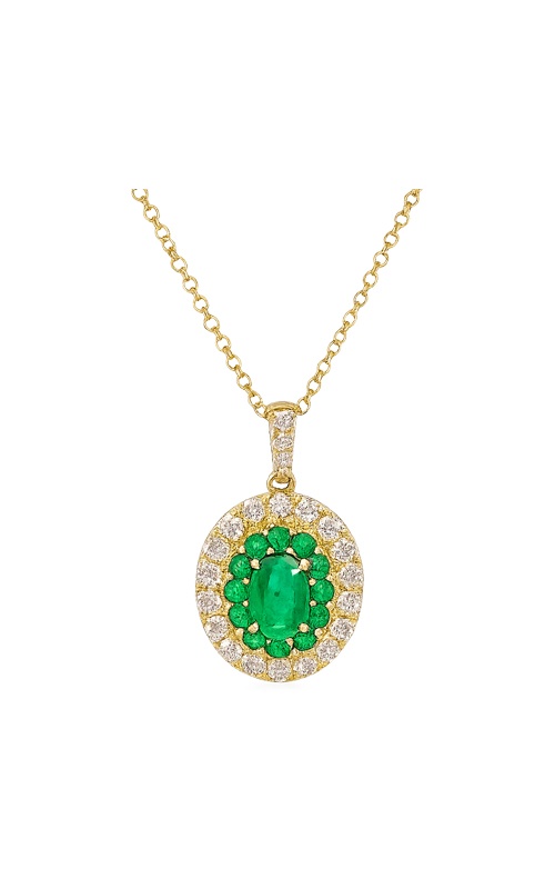 Shy Creation 14k Yellow Gold .68ctw Emerald and .40ctw Diamond Halo Necklace SC41002410