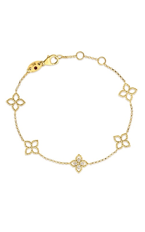 Roberto Coin 18k Yellow Gold 7'' .03ctw Round Diamond Princess Flower 5 Station Bracelet 7773807AYLBX