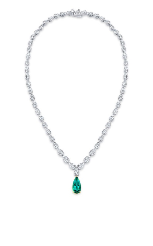 Rahaminov Diamonds 18k White Gold 16'' 3.80ct Pear Shaped Emerald and 22.47ctw Pear Shaped Diamond Necklace NK-8689