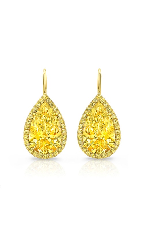 Rahaminov Diamonds 18k Yellow Gold 10.56ctw Pear Shape Florescent Yellow Diamond VS2 with .58ctw Fancy Yellow VS-SI Round Melee Halo Earrings EAR-5088