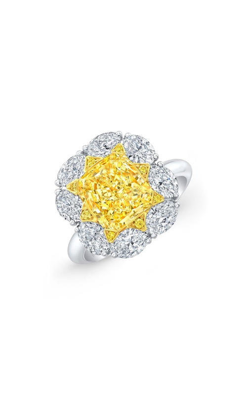Rahaminov Diamonds Platinum and 18k Yellow Gold 3.57ct Radiant Fancy Intense Yellow VS2 Center 1.90ctw Oval D-F VS Halo with .05ctw Round Fancy Yellow Melee Ring FC-2725